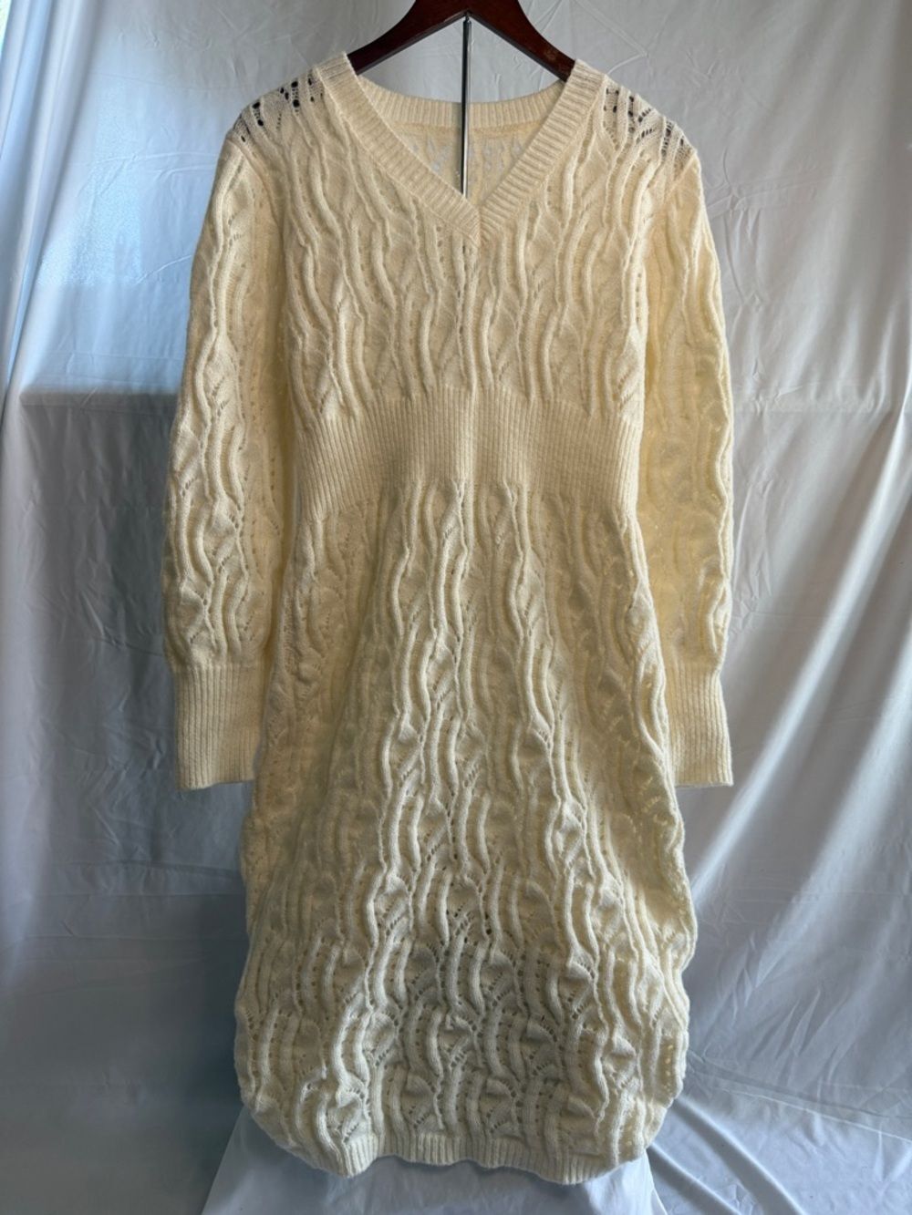 Cream Cable Knit V-Neck Sweater Dress - XL